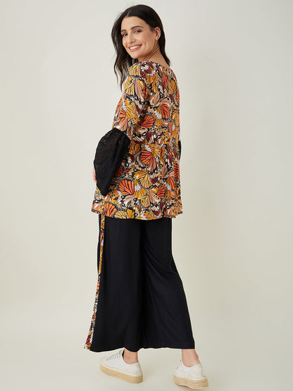Women's Black Flutter Printed Pajama Set