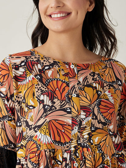 Women's Black Flutter Printed Pajama Set
