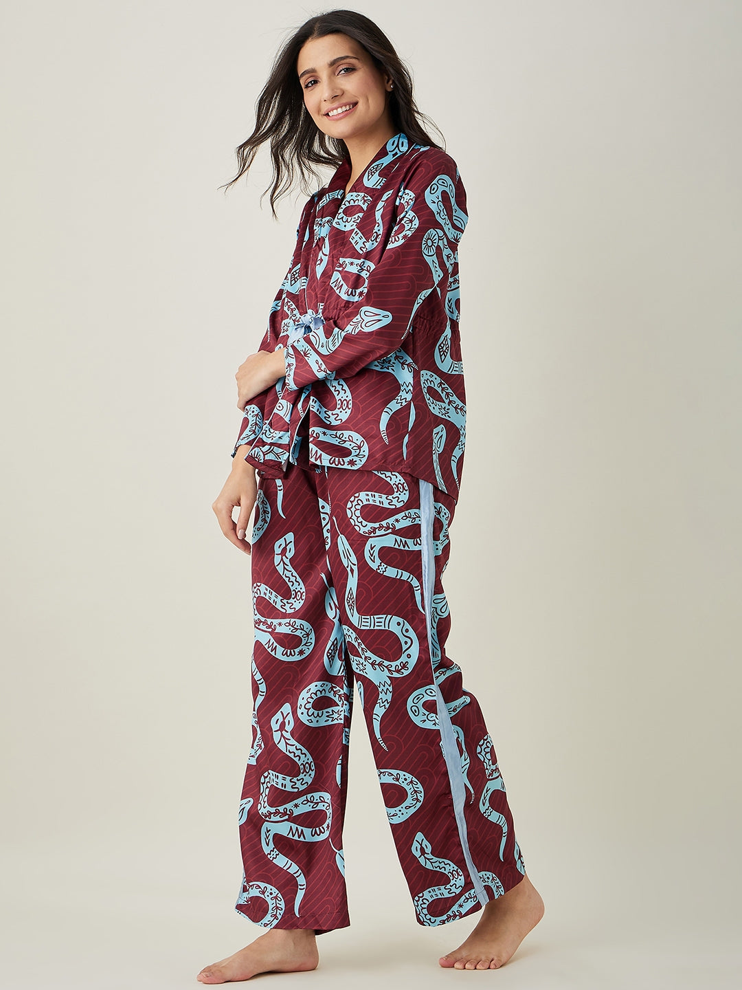 Women's Wine Snake charm Printed satin Lounge set