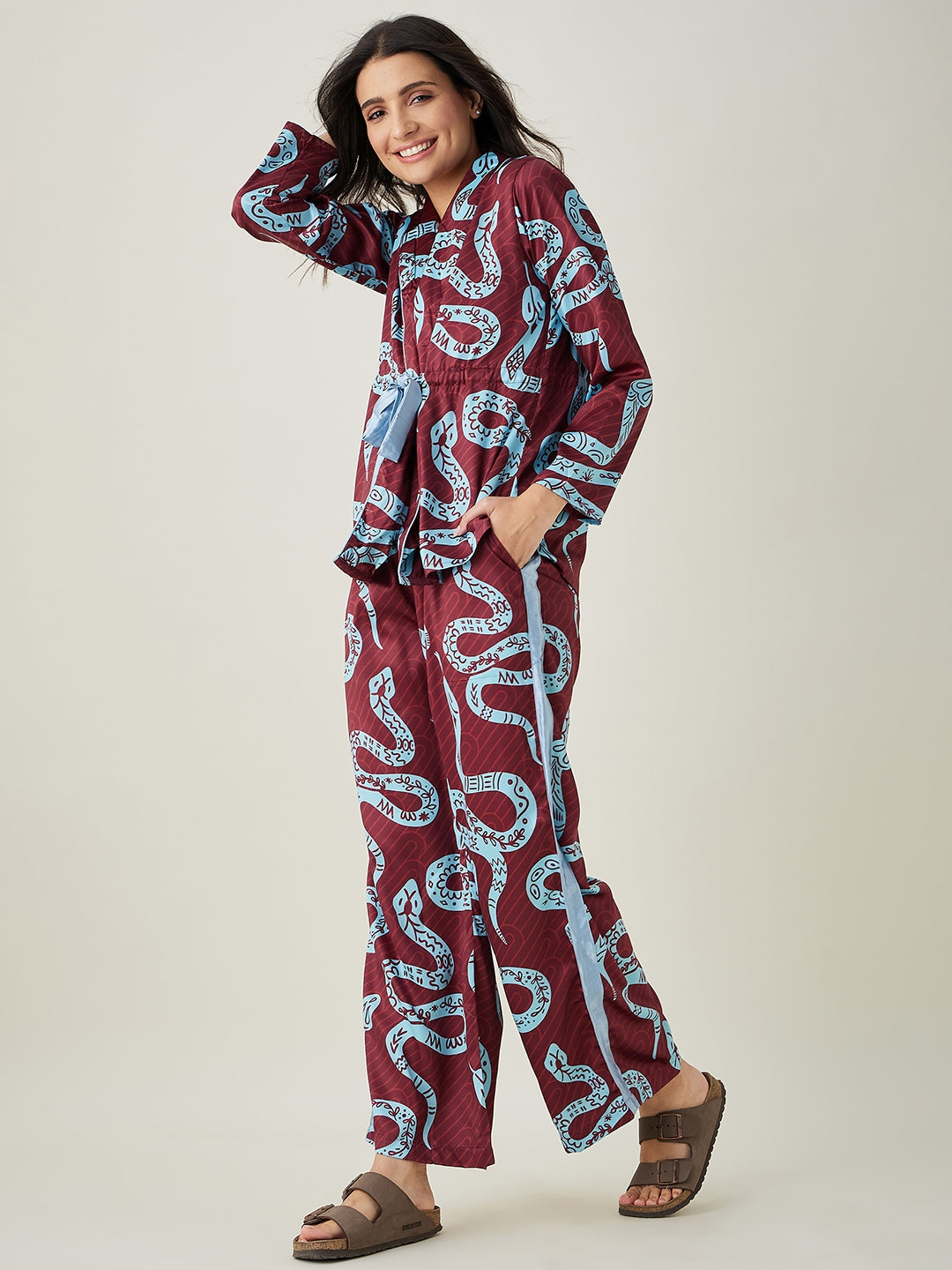 Women's Wine Snake charm Printed satin Lounge set