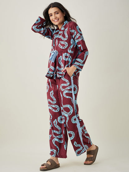 Women's Wine Snake charm Printed satin Lounge set
