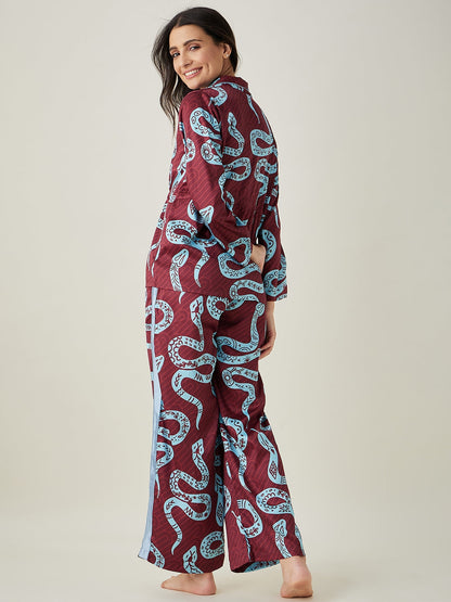 Women's Wine Snake charm Printed satin Lounge set