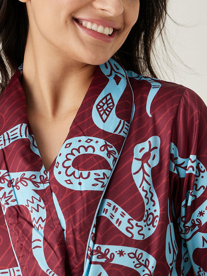 Women's Wine Snake charm Printed satin Lounge set