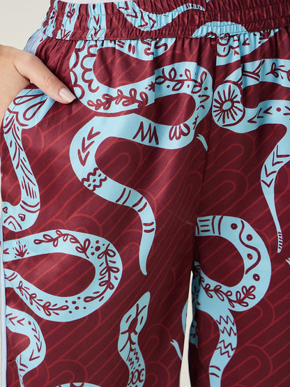 Women's Wine Snake charm Printed satin Lounge set