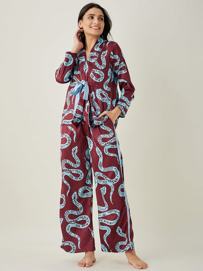 Women's Wine Snake charm Printed satin Lounge set