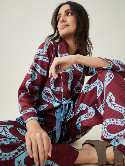 Women's Wine Snake charm Printed satin Lounge set