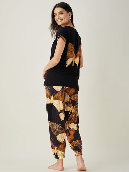 Women's Black Flutter Printed Pyjama Set