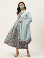 Women's Printed Flared Dress & Dupatta Set with Mask