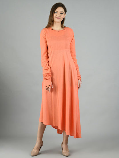 Women's Peach Cotton Solid Full Sleeve Round Neck Casual Dress Dupatta Set