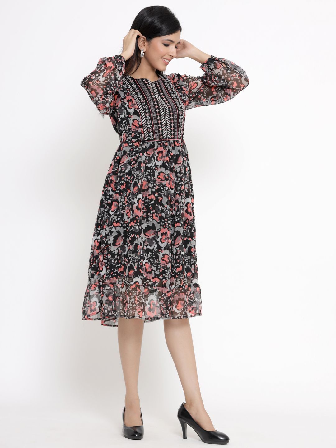 Women's Black Chiffon Printed Flared Dress