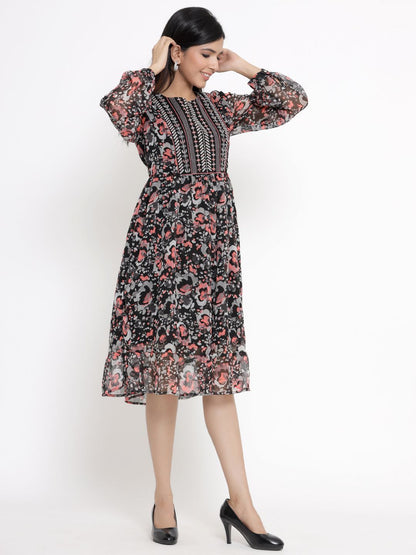 Women's Black Chiffon Printed Flared Dress