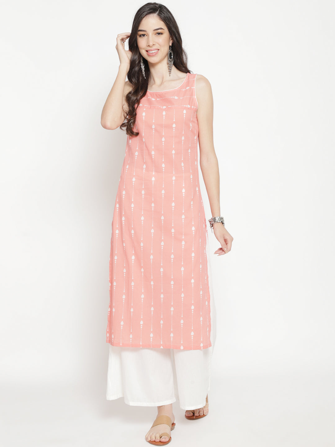 Women's Peach Printed Straight Kurta