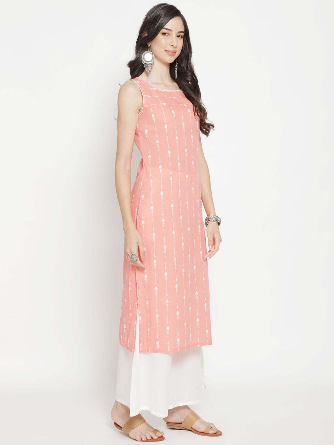 Women's Peach Printed Straight Kurta