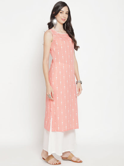 Women's Peach Printed Straight Kurta