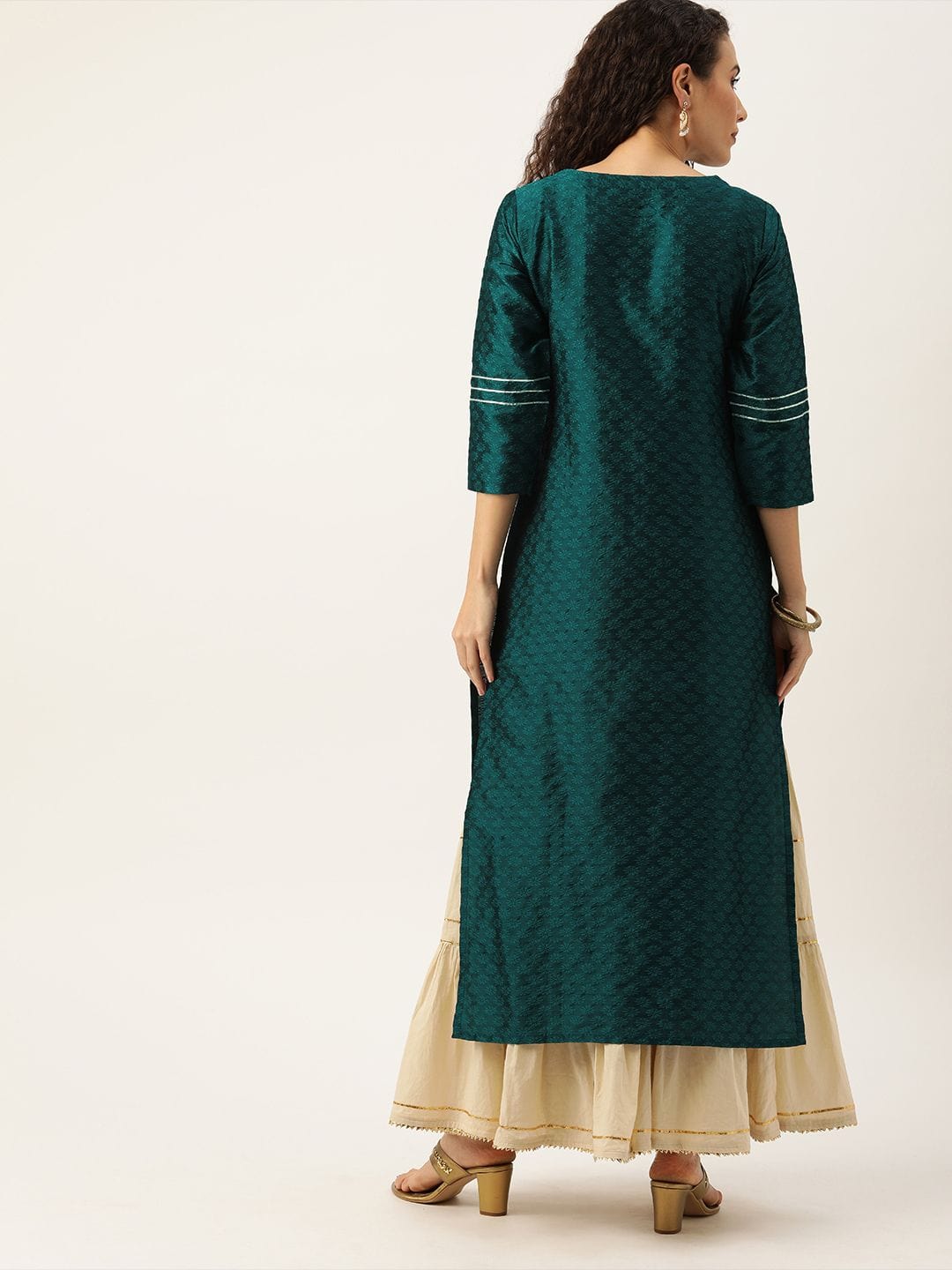 Women's Green & Silver-Toned Yoke Design Straight Kurta