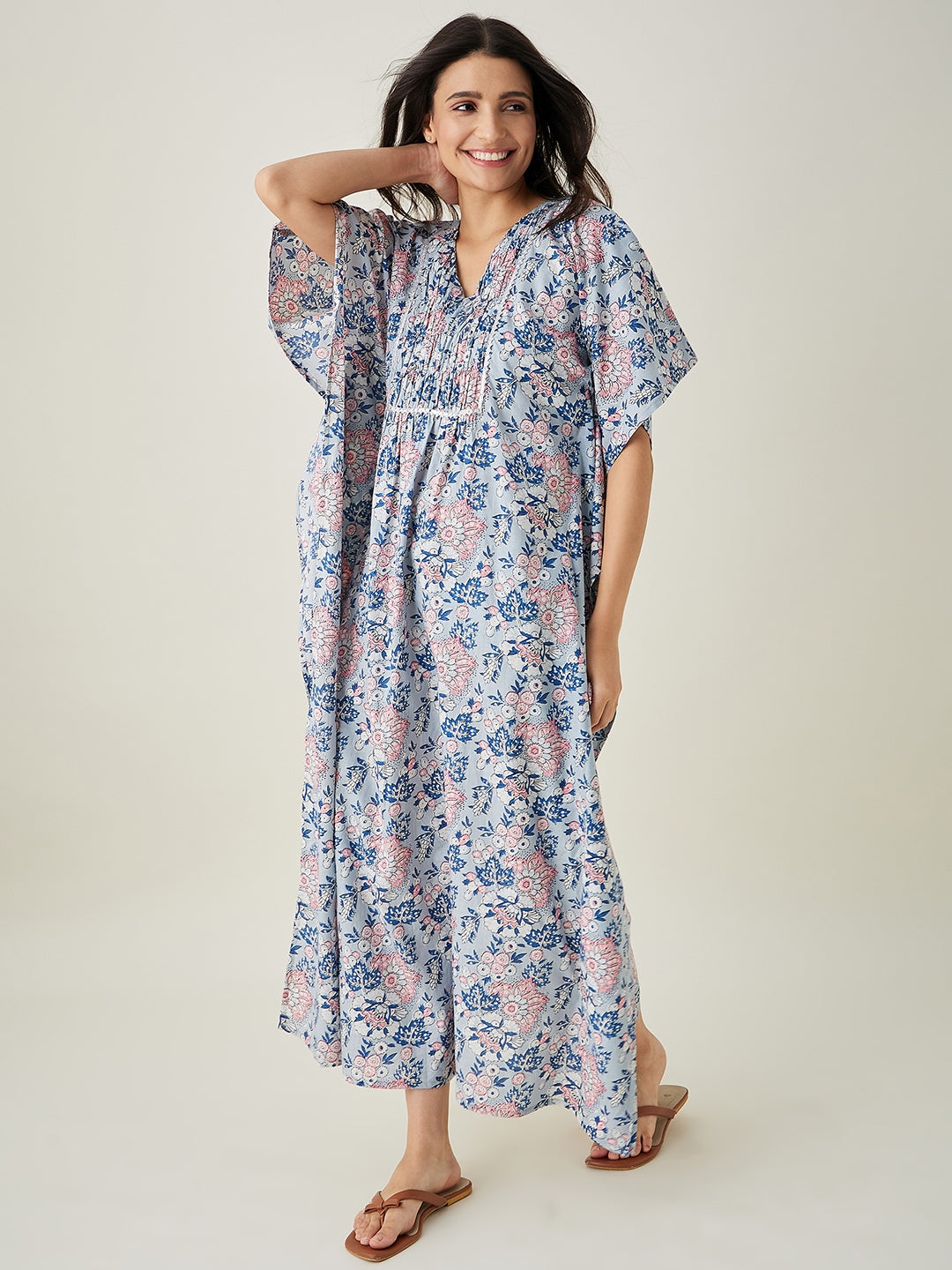 Women's Pastel Blue Floral Cotton Kaftan