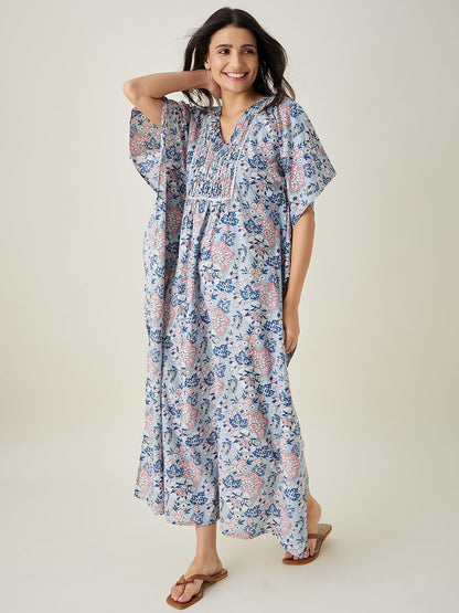 Women's Pastel Blue Floral Cotton Kaftan
