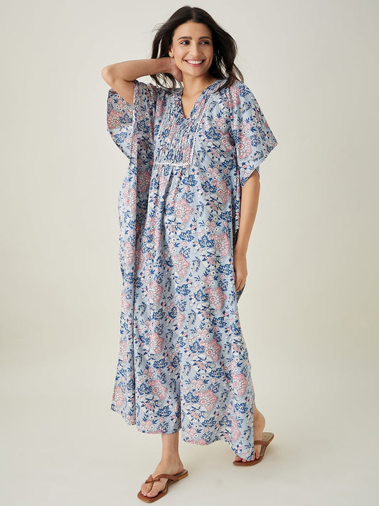 Women's Pastel Blue Floral Cotton Kaftan