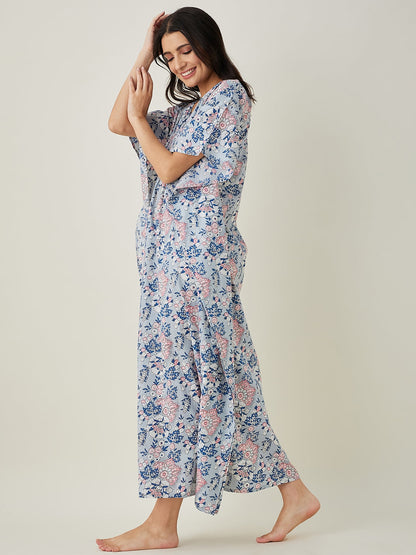 Women's Pastel Blue Floral Cotton Kaftan
