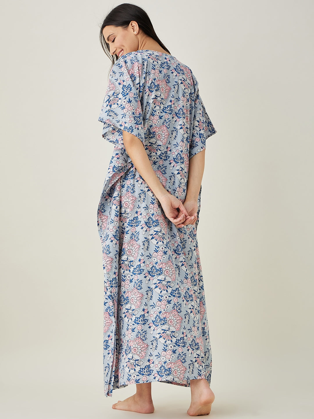 Women's Pastel Blue Floral Cotton Kaftan