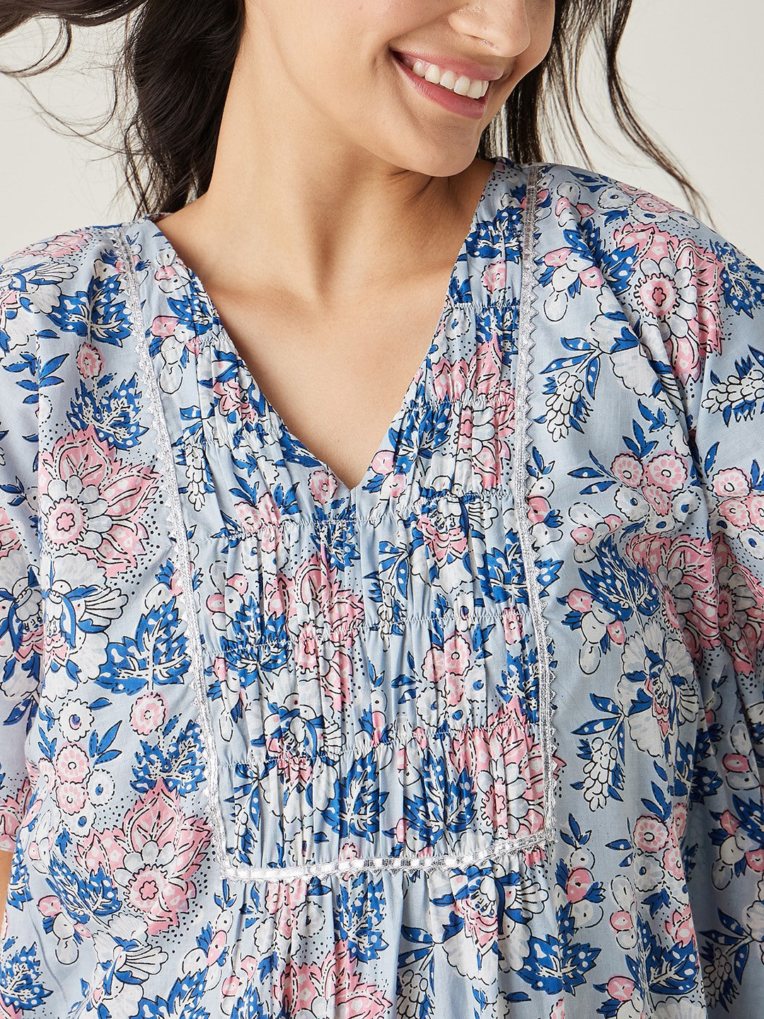 Women's Pastel Blue Floral Cotton Kaftan