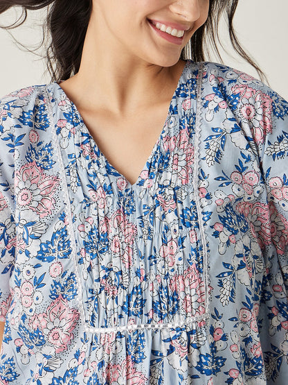 Women's Pastel Blue Floral Cotton Kaftan