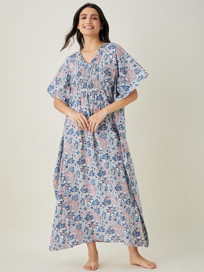 Women's Pastel Blue Floral Cotton Kaftan