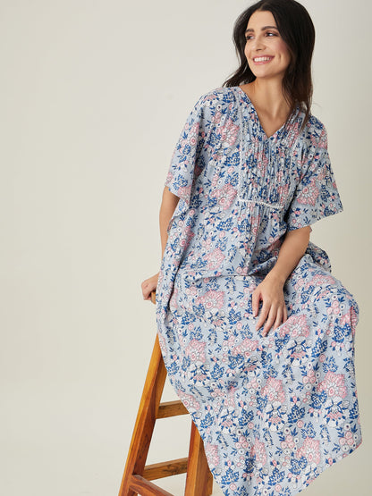 Women's Pastel Blue Floral Cotton Kaftan