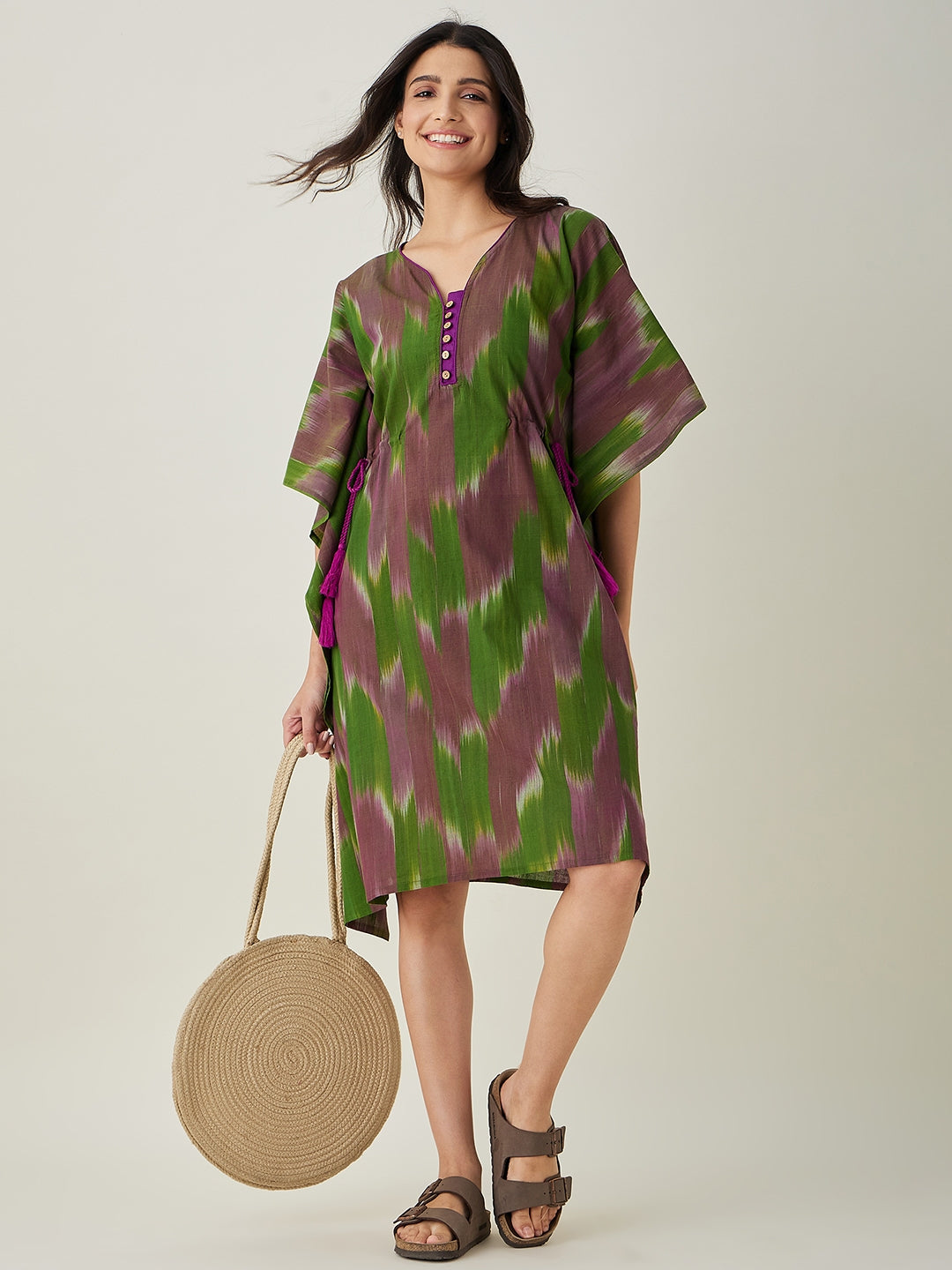 Women's Green Handloom Ikat Weave Cotton Kaftan