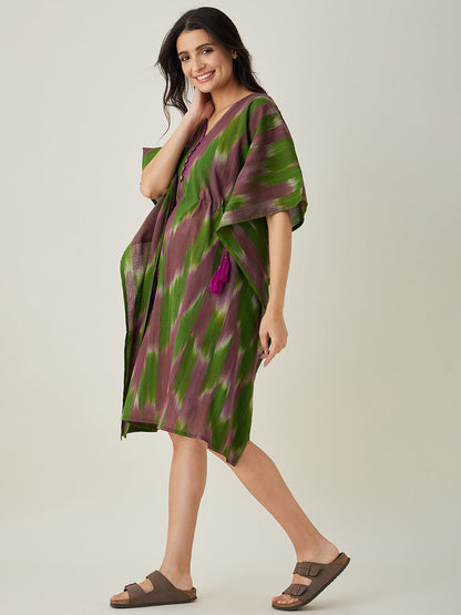 Women's Green Handloom Ikat Weave Cotton Kaftan