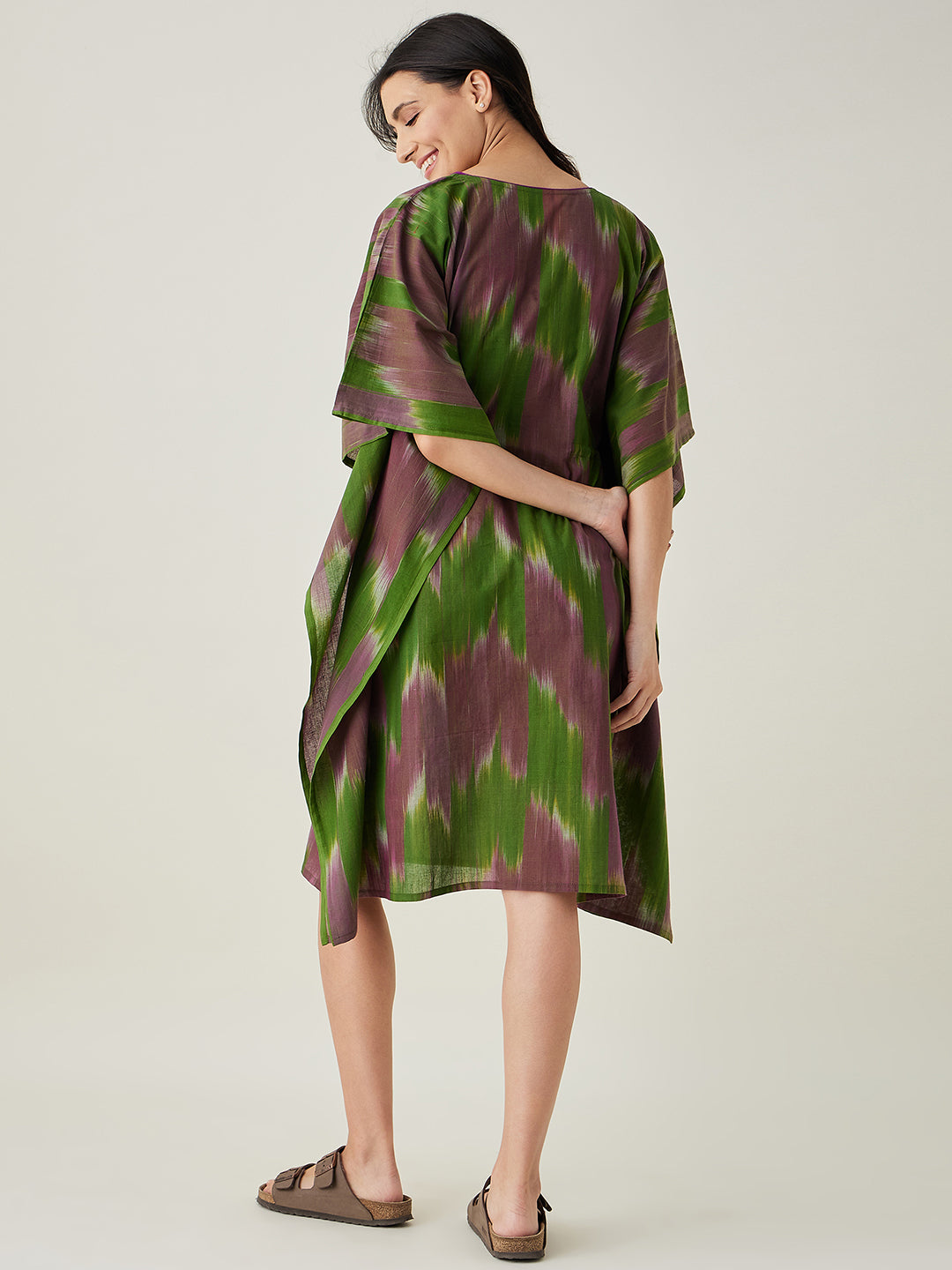 Women's Green Handloom Ikat Weave Cotton Kaftan