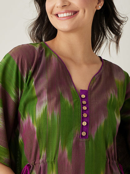 Women's Green Handloom Ikat Weave Cotton Kaftan