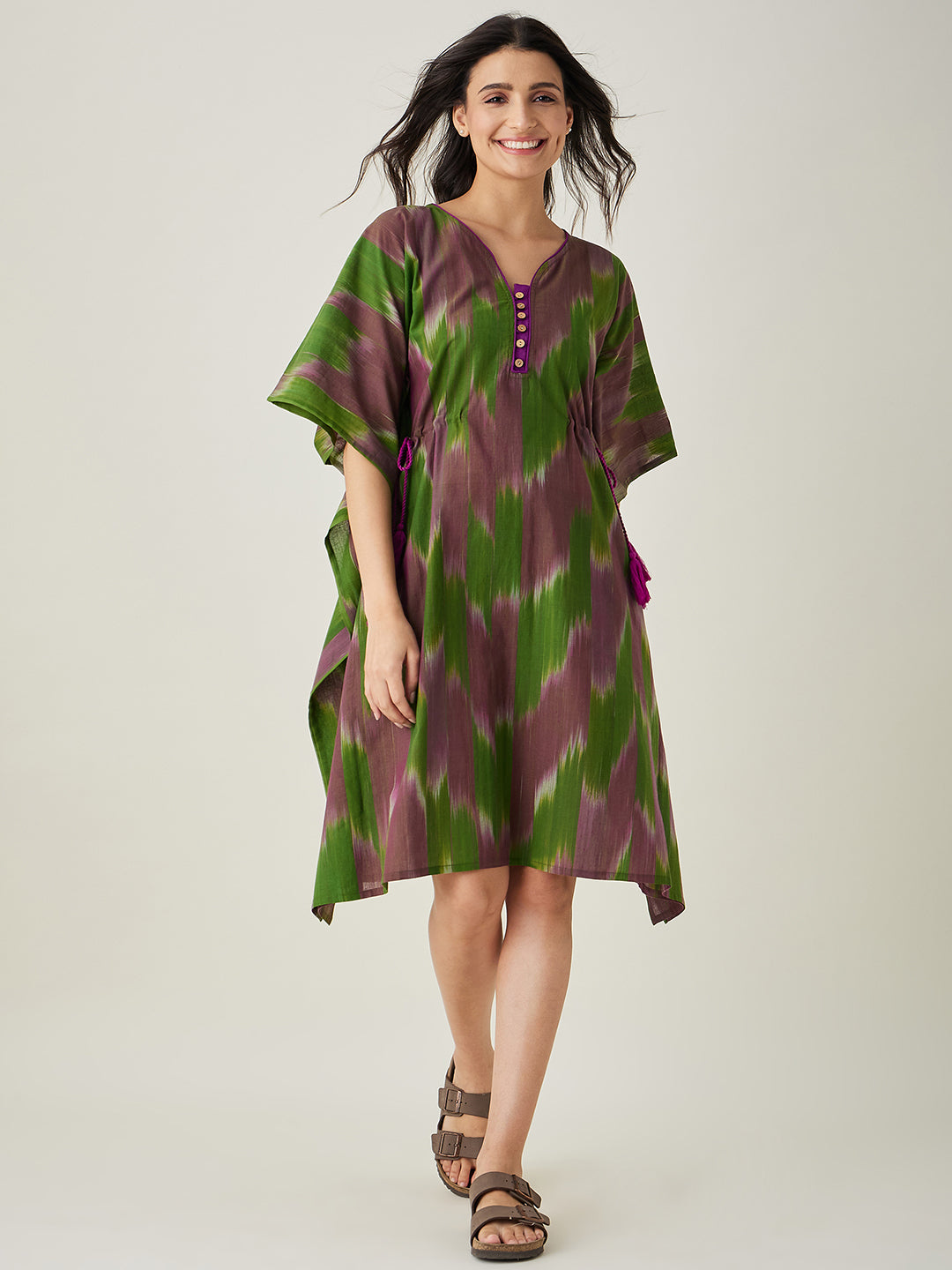Women's Green Handloom Ikat Weave Cotton Kaftan