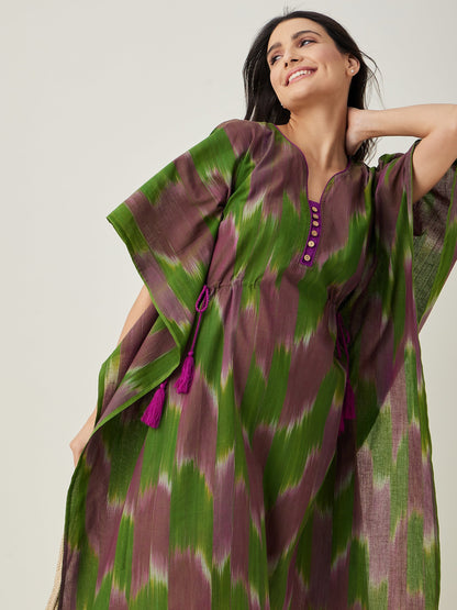 Women's Green Handloom Ikat Weave Cotton Kaftan