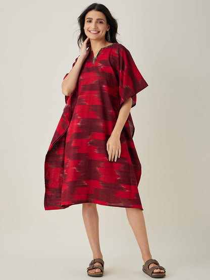 Women's Red Handloom Ikat Weave Cotton Kaftan