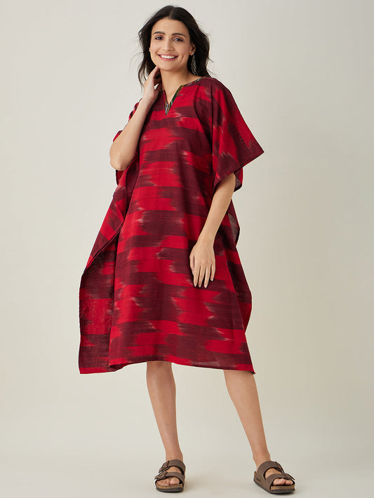 Women's Red Handloom Ikat Weave Cotton Kaftan