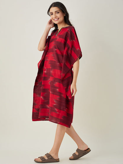 Women's Red Handloom Ikat Weave Cotton Kaftan