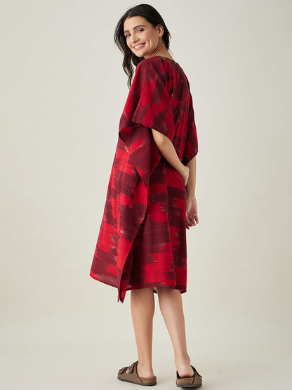 Women's Red Handloom Ikat Weave Cotton Kaftan