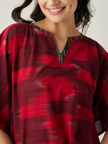 Women's Red Handloom Ikat Weave Cotton Kaftan