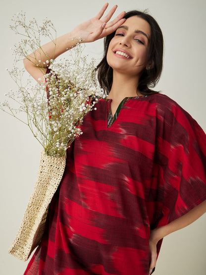 Women's Red Handloom Ikat Weave Cotton Kaftan