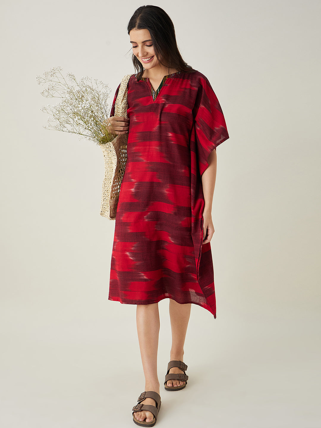 Women's Red Handloom Ikat Weave Cotton Kaftan
