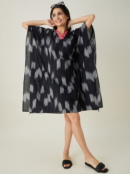 Women's Black Handloom Ikat Weave Cotton Kaftan