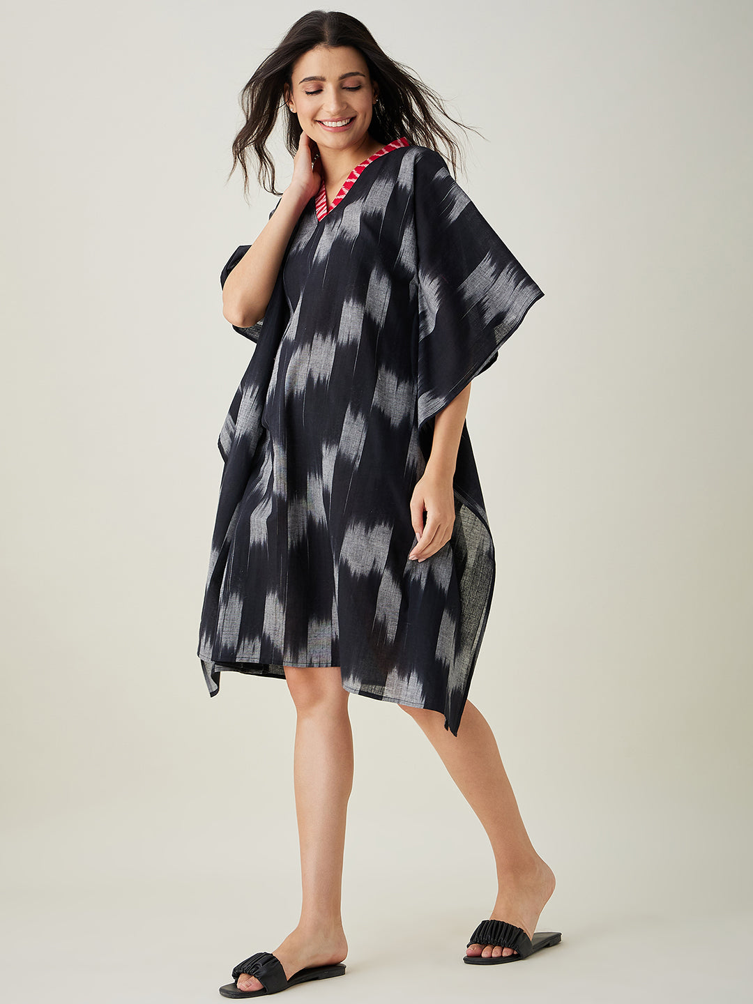 Women's Black Handloom Ikat Weave Cotton Kaftan