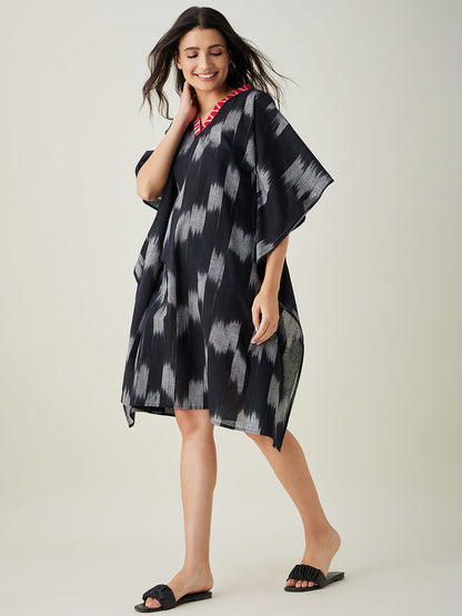 Women's Black Handloom Ikat Weave Cotton Kaftan