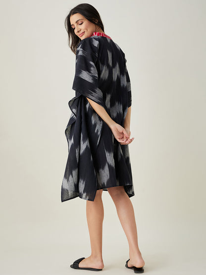 Women's Black Handloom Ikat Weave Cotton Kaftan