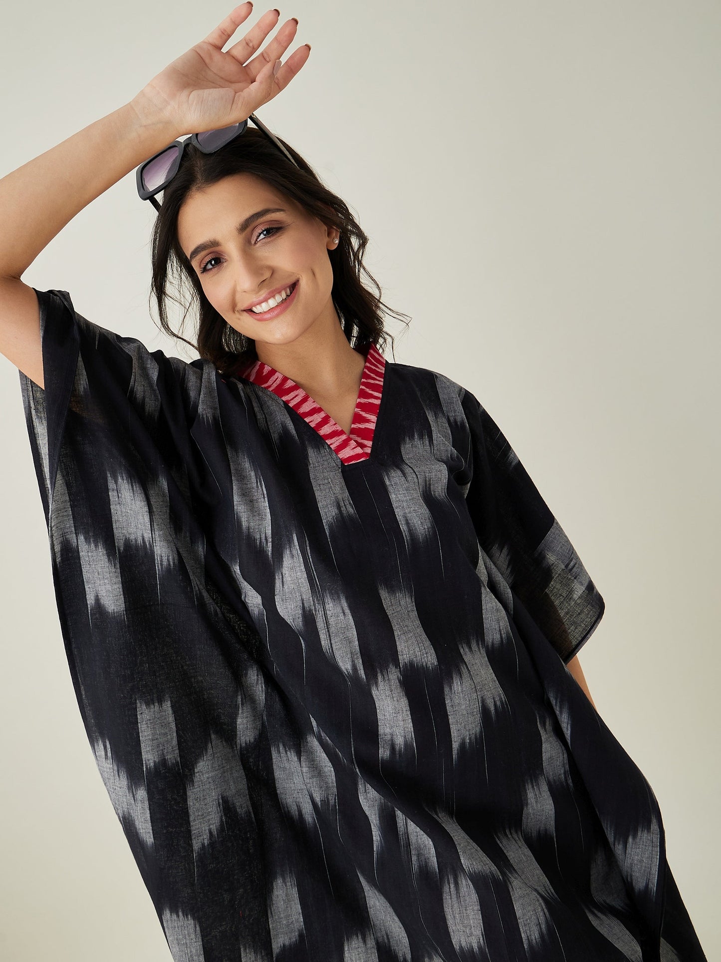 Women's Black Handloom Ikat Weave Cotton Kaftan