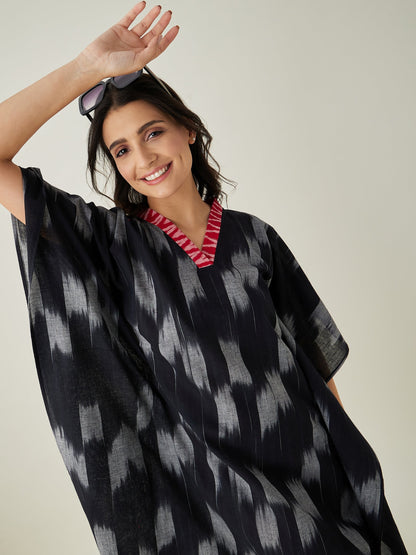 Women's Black Handloom Ikat Weave Cotton Kaftan