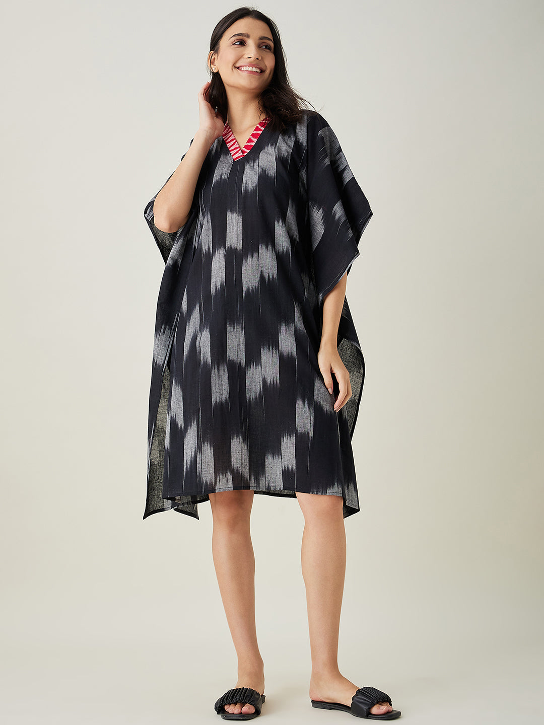 Women's Black Handloom Ikat Weave Cotton Kaftan