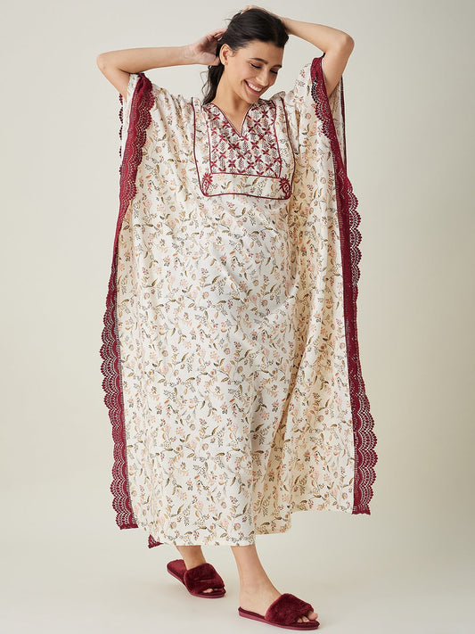 Women's White Floral Embroidered Maxi Kaftan