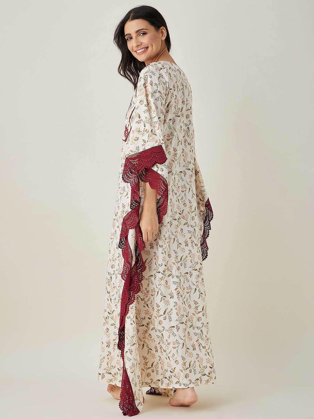Women's White Floral Embroidered Maxi Kaftan